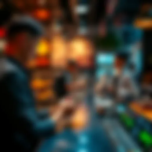 A person using a smartphone to pay with cryptocurrency at a cafe counter, while the cashier looks on.