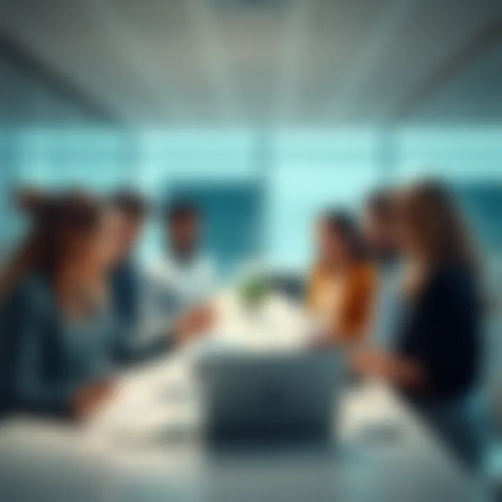 A group of diverse people discussing payouts with papers and laptops in a bright office environment