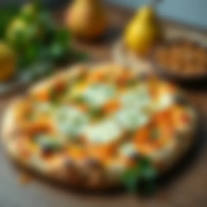 A fresh pear and cheese pizza topped with sweet chutney, garnished with herbs on a wooden table.