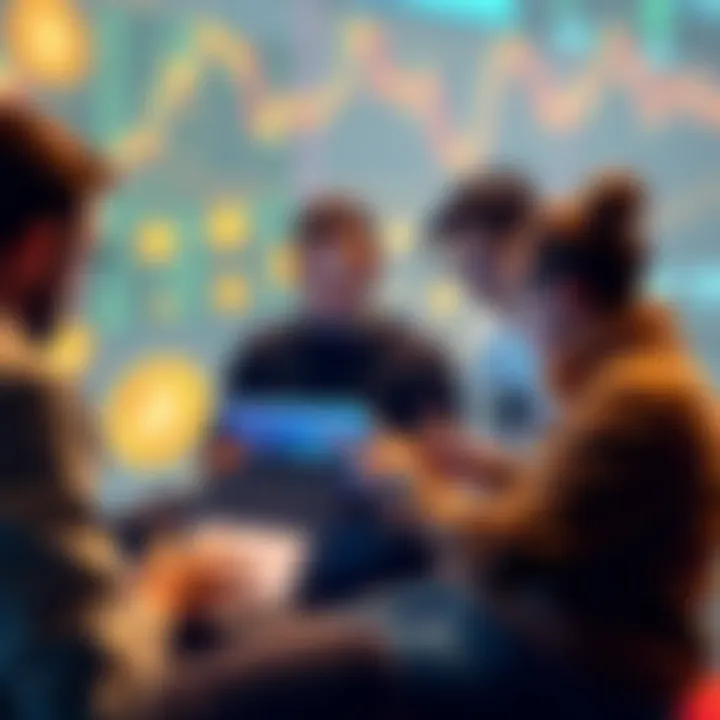 Peer-to-Peer Bitcoin Trading A group of people engaging in peer-to-peer bitcoin trading on a digital platform, discussing over laptops with cryptocurrency icons around them.