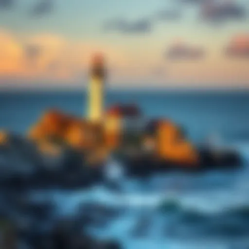 A scenic view of the Peggy's Cove Lighthouse surrounded by rocky coastline and ocean waves.