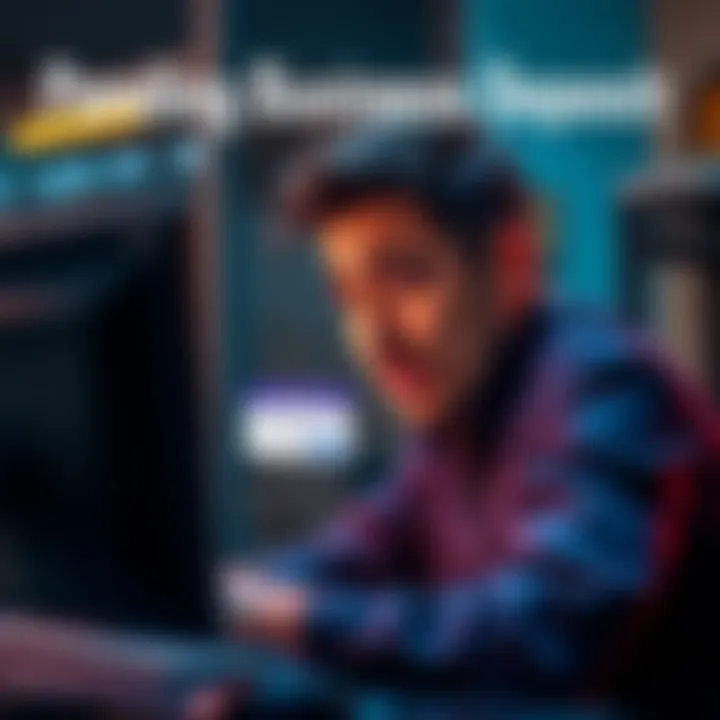 Pending Business Deposit A frustrated business owner looking at a computer screen with a pending deposit notification, symbolizing the ongoing issues with their account.