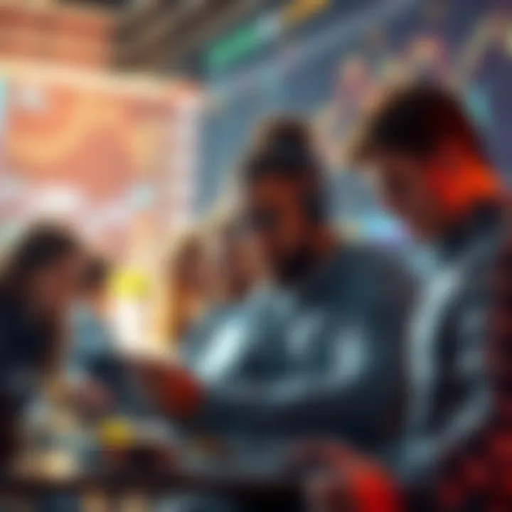 A diverse group of people collaborating on cryptocurrency projects, focusing on innovation and development, amidst digital financial graphics in the background.