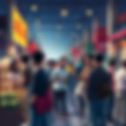 A lively scene of people discussing and purchasing real estate plots marked as 400 AB, showcasing a busy market atmosphere