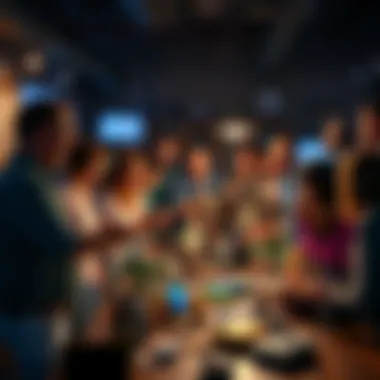 A group of people excitedly gathering around a table filled with unique collectibles, showcasing their finds and sharing stories