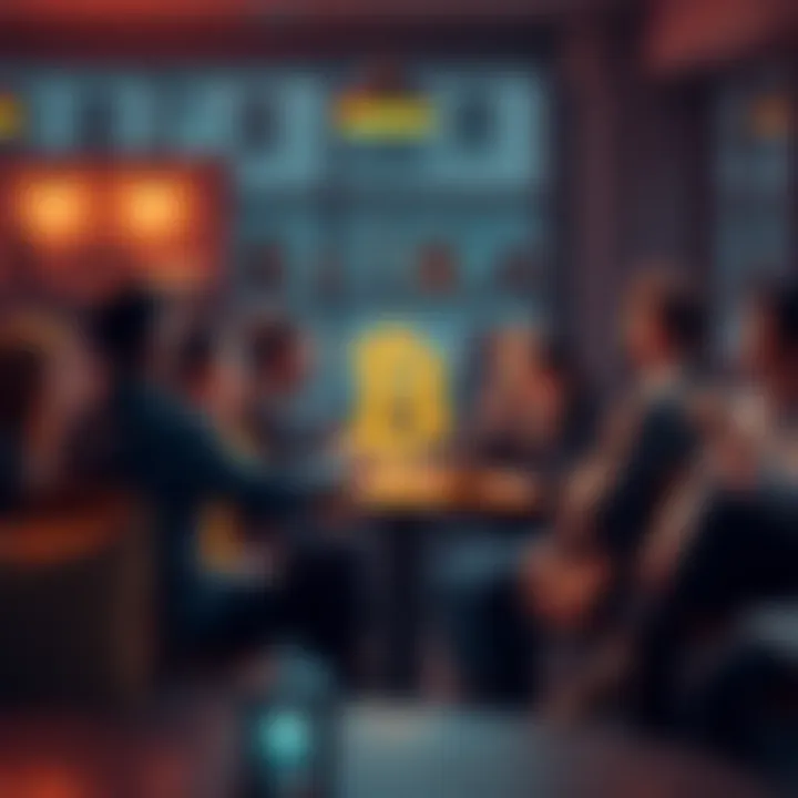 A group of people engaged in a lively discussion about Bitcoin in a coffee shop setting
