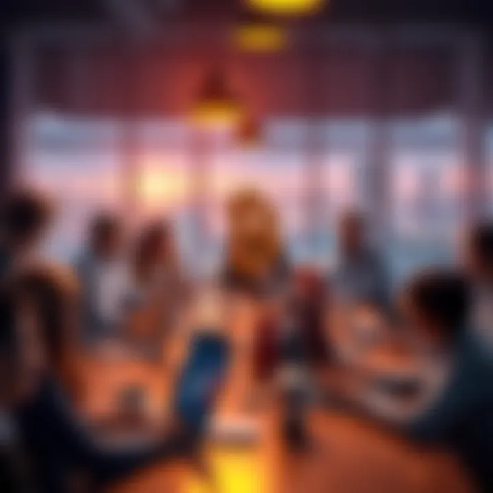 A group of people engaging in a discussion about Bitcoin at a table with laptops and coffee cups.