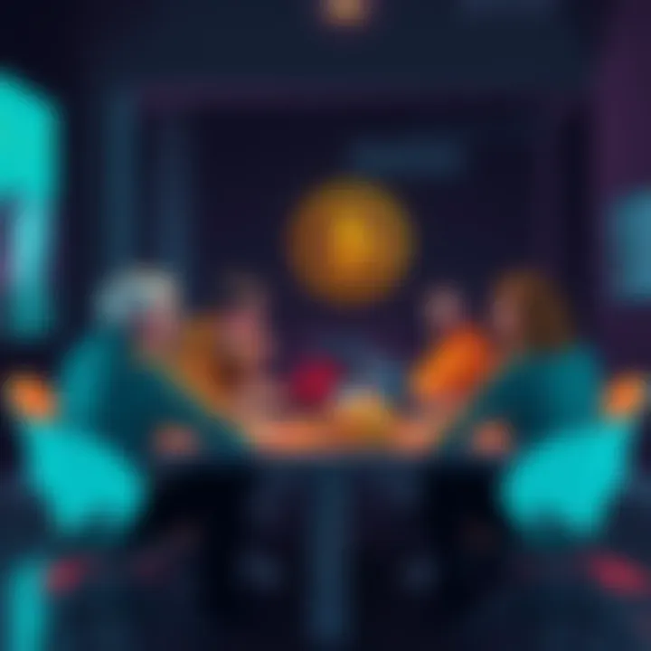 A group of people gathered around a table, debating the importance of anonymous figures in the coin market, with coins and laptops present on the table.