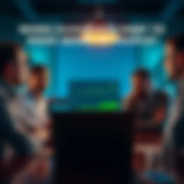 A group of people engaged in a discussion about cryptocurrency, with charts and graphs displayed on a laptop in front of them.