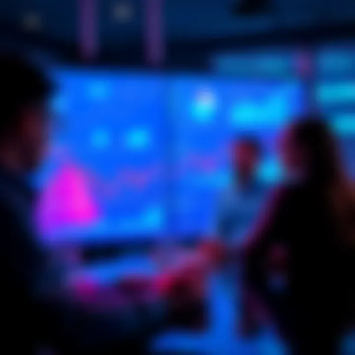 People discussing DeFi strategies A group of people analyzing charts and graphs on a screen, focusing on risk and investment strategies in Decentralized Finance (DeFi)