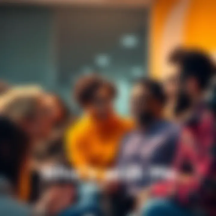 A group of diverse people engaging in conversation, expressing various emotions about the phrase 'Who's with me?'.