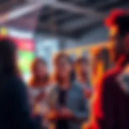 People Discussing Rewards A group of people talking and sharing thoughts about small rewards for inviting others, expressing various opinions.