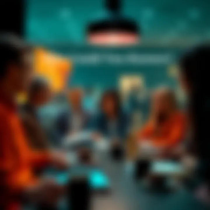 A group of people engaged in a serious conversation about secrets and insights, with notebooks and coffee cups on the table.