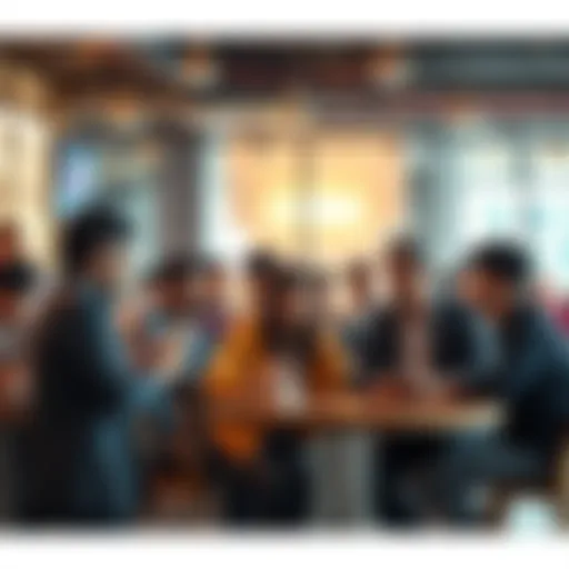 A group of people sharing their opinions about a recent software update at a cafe, some looking at devices while others engage in conversation.