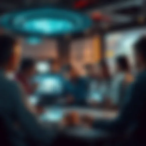A group of people engaged in a lively discussion about UFOs on a forum, with digital devices displaying images and articles about recent UFO disclosures.