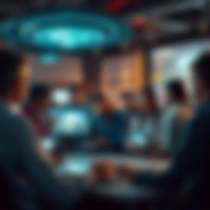 A group of people engaged in a lively discussion about UFOs on a forum, with digital devices displaying images and articles about recent UFO disclosures.