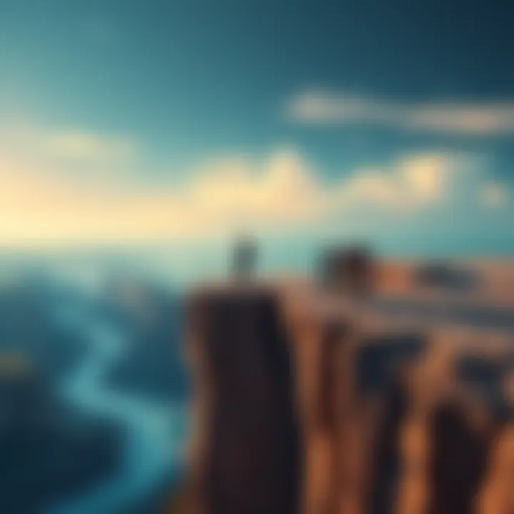 A group of people standing on the brink of a cliff, looking anxious as they face a turbulent market below, symbolizing fear and greed in investing.