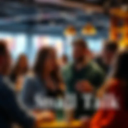A group of people chatting happily at a social gathering, creating a friendly atmosphere.