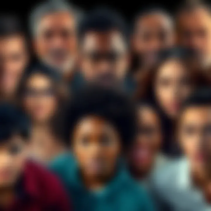 A diverse group of people showing various emotions, reflecting societal changes and events, with some smiling and others looking pensive.
