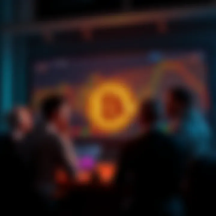 Group of people discussing Bitcoin investment strategies with cryptocurrency charts on a screen