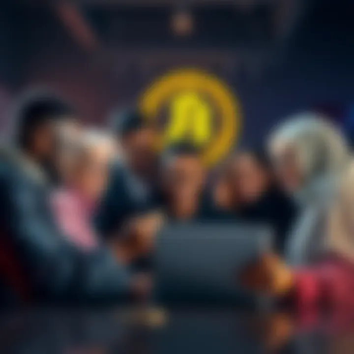 A group of diverse people discussing Bitcoin investment strategies, with a laptop showing cryptocurrency charts