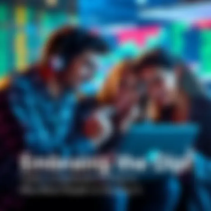 A group of people excitedly discussing investments while looking at stock charts on a laptop, showing enthusiasm during a market dip