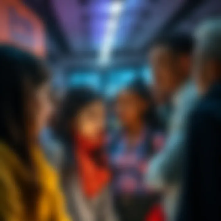 A diverse group of people discussing unexpected coincidences in a modern setting, with expressions of curiosity.