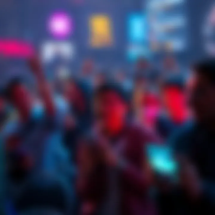 People reacting to viral trends Crowd of people engaging with their phones, reacting excitedly to online content