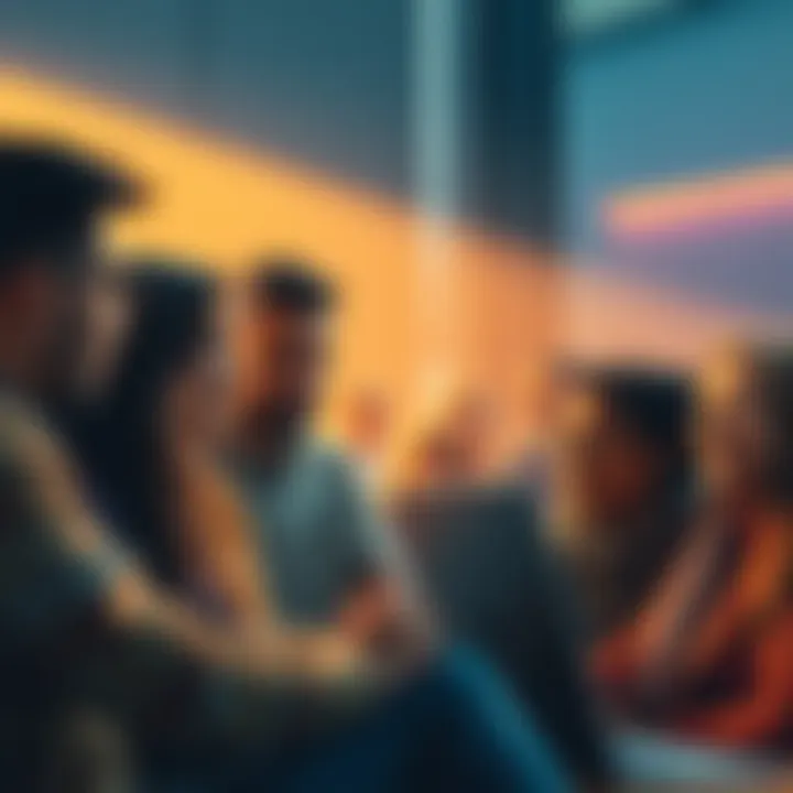 A group of diverse people sharing personal stories on a forum, showing empathy and connection.