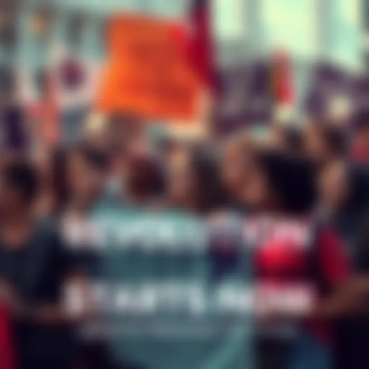 A diverse group of people holding signs and banners, rallying for social change and empowerment.