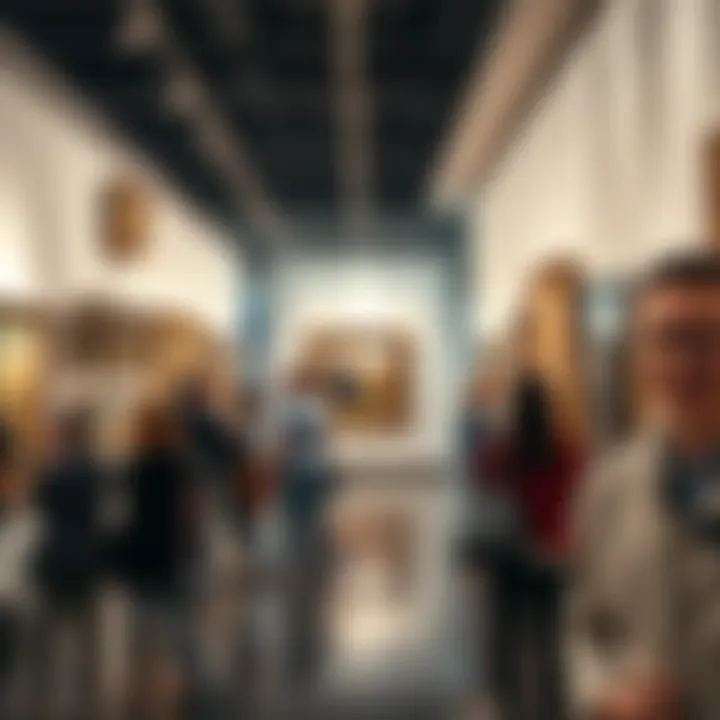 A group of people exploring an art gallery with various artworks on display