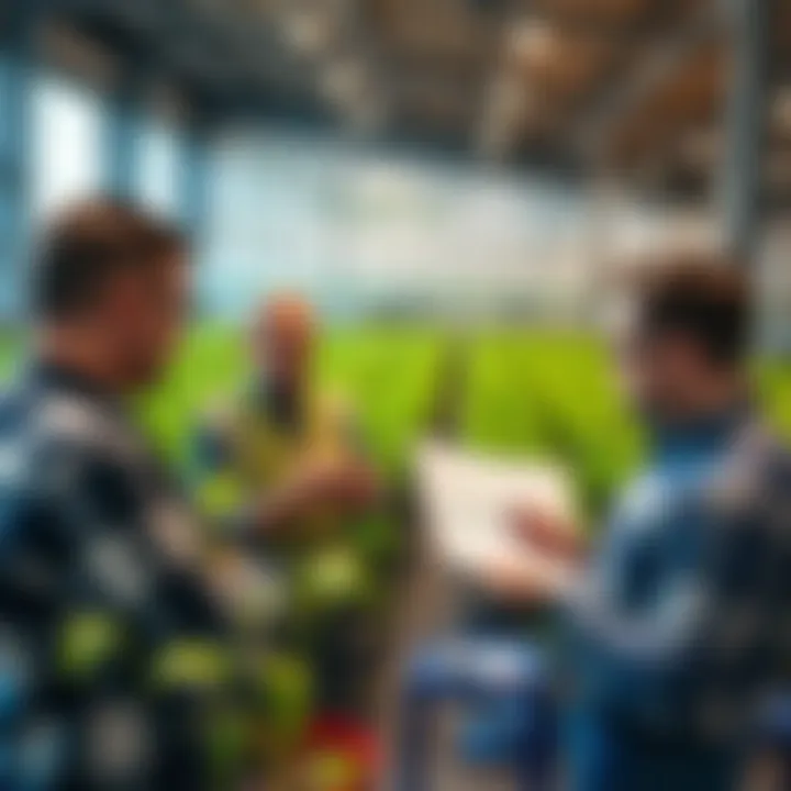 A group of people analyzing charts and discussing yield farming strategies in a modern setting