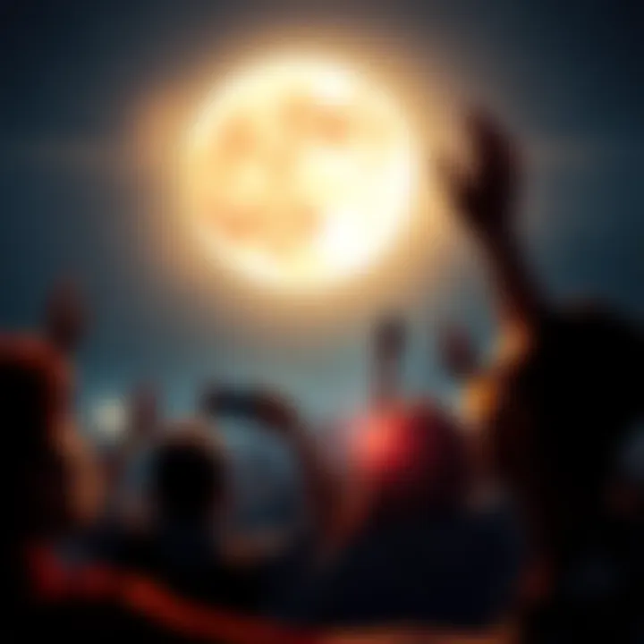 A group of people looking up at a bright full moon, showing excitement and joy