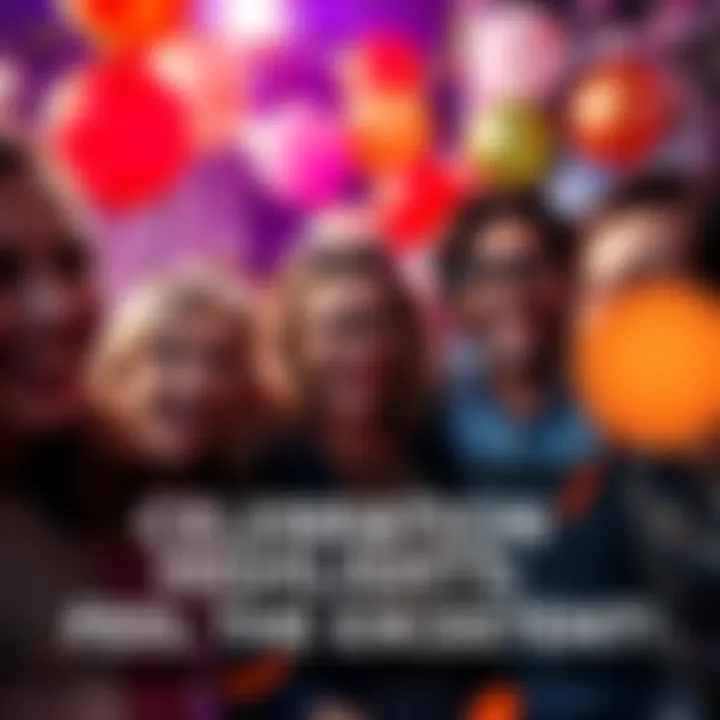 A group of people enjoying a celebration, smiling and laughing with balloons and confetti around them.