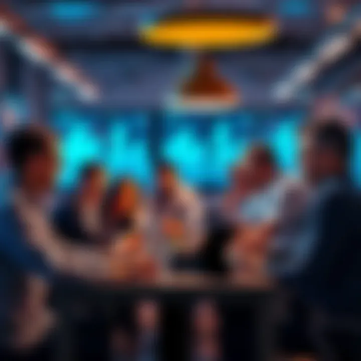 A diverse group of individuals gathered around a table, discussing investment ideas and strategies, inspired by collective financial success.