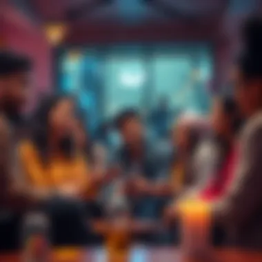 People Connecting A diverse group of people sharing stories and experiences in a warm and inviting setting.