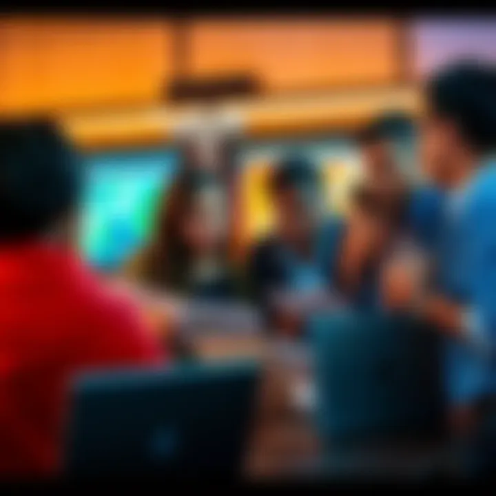 A group of diverse people engaged in a serious discussion about current events, with newspapers and laptops in front of them.