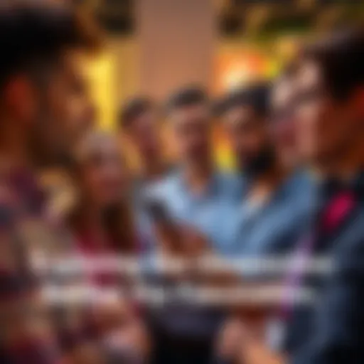 A group of people engaged in a lively discussion about celebrities and influencers, showing expressions of interest and curiosity.