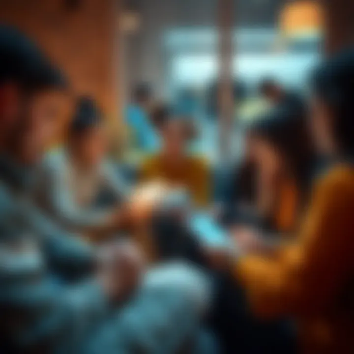 A group of people engaging in discussions on laptops and smartphones in a cozy setting, representing sentiments from online forums.