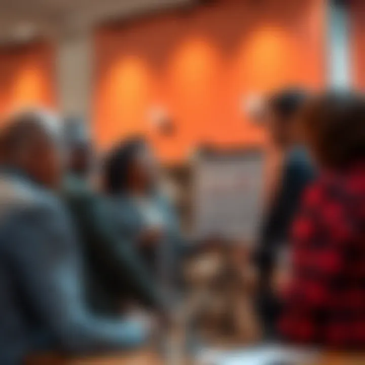 A group of people engaging in a conversation about societal truths, with one person pointing to a chart in a lively discussion.