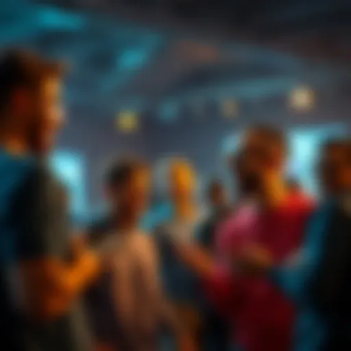 A group of people excitedly discussing hot topics on a forum, sharing ideas and posts, creating a lively atmosphere.