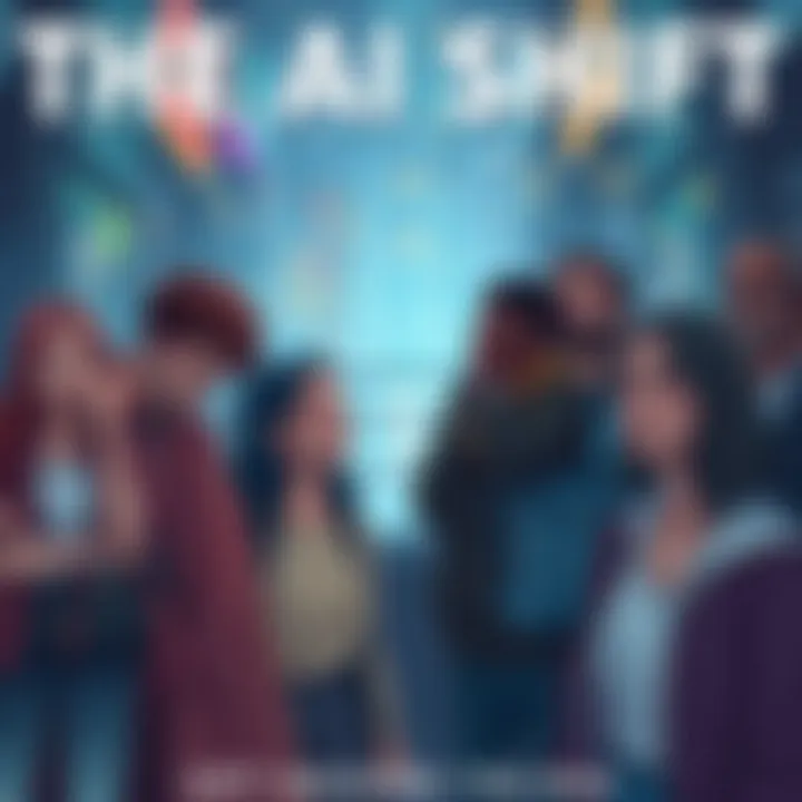A group of diverse people expressing frustration and sadness as they look at a futuristic city filled with AI technology, symbolizing feelings of being left behind