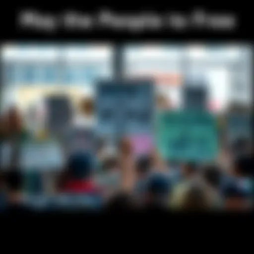 A diverse group of people in a public space holding signs that call for freedom and social justice, united in protest.