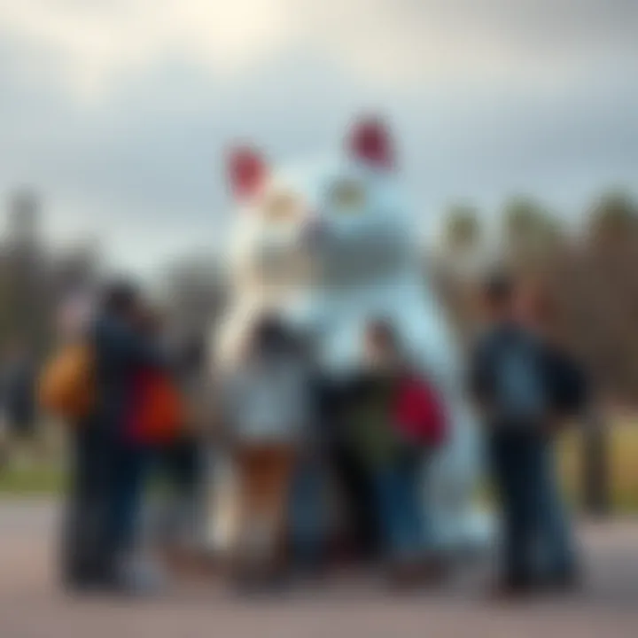 People hugging a giant cat figure A group of people happily hugging a large cat statue in a park setting, showing joy and connection.