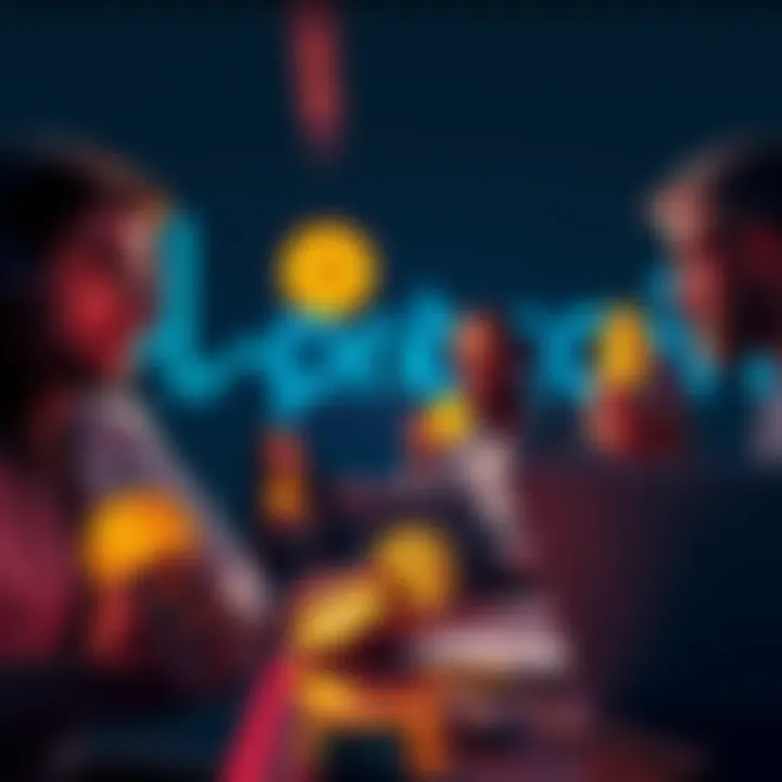 A group of people discussing Bitcoin investments while looking at charts on a laptop and holding Bitcoin coins