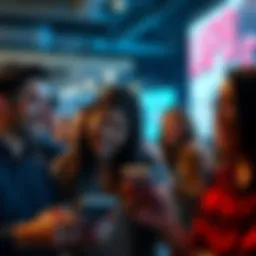 Group of people smiling and laughing while looking at their devices, reacting to a funny online post.