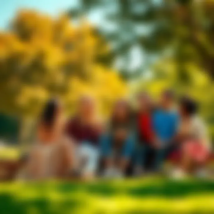 A diverse group of people enjoying a sunny day in a park, sharing jokes and laughter