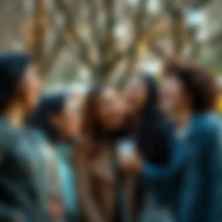 People laughing together A group of friends sharing a joyful moment and laughing together in a park setting.