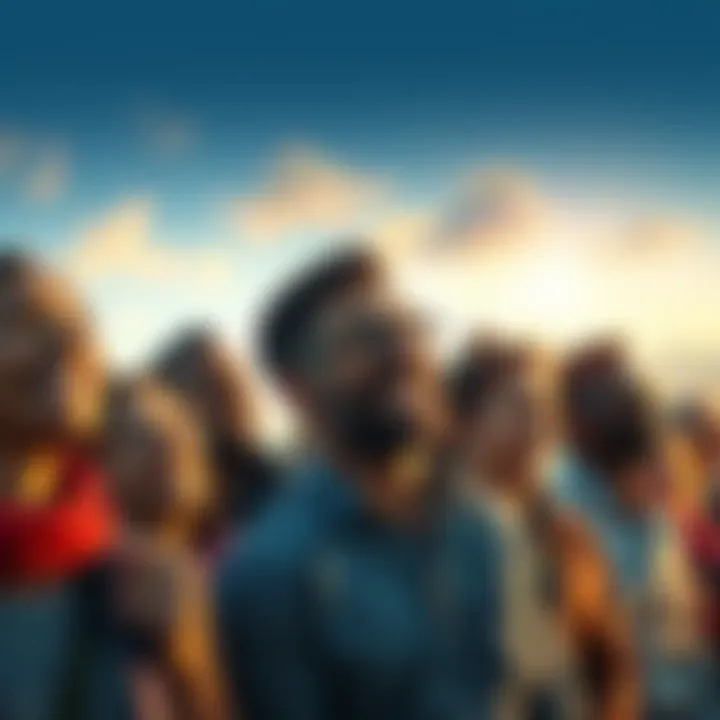 A diverse group of people smiling and looking towards the horizon, symbolizing optimism and hope for the future.