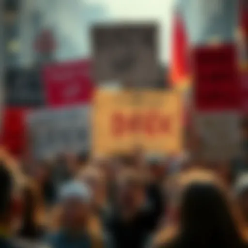 Crowd of people holding signs in protest of DF€K, showing expressions of anger and frustration.